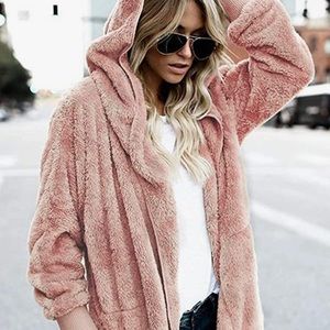 Womens Fuzzy Hooded Cardigan: Rose, Medium